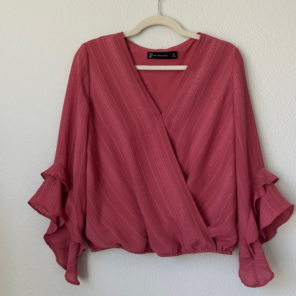 New York & Company Pink Wrap Blouse Flutter Sleeve Barbiecore Top M